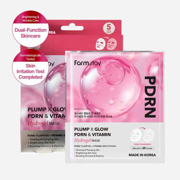 FARMSTAY PLUMP X GLOW PDRN & VITAMIN HYDROGEL MASK 35g × 5pcs